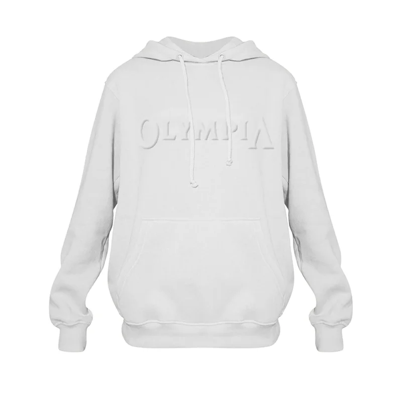 Zip - Up Women's Pullovers with Thumbholes for Outdoor ActivitiesOlympia Embossed Pullover Hoodie White Zip - Up Women's Pullovers with Thumbholes for Outdoor ActivitiesOlympia Embossed Pullover Hoodie White