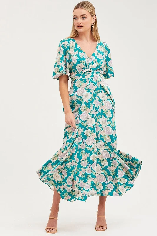 Print Dress Short Sleeve Maxi V Neck Polyester