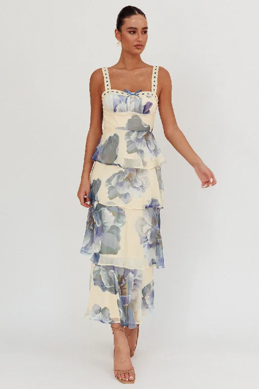 Empire Waist Women Dress to Accentuate the Bust and Conceal the WaistProvence Bloom Tiered Ruffle Maxi Dress Beige/Blue