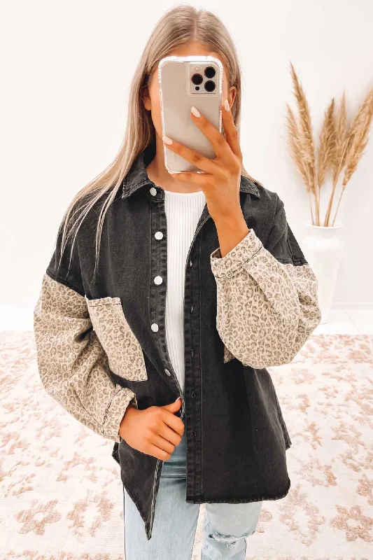 Women's trench coats with a removable belt for customizable stylingRaelynn Denim Shacket Black Leopard Women's trench coats with a removable belt for customizable stylingRaelynn Denim Shacket Black Leopard