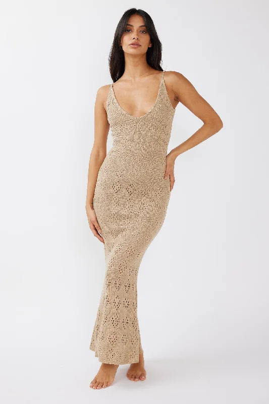 Plus Size Women Dress with a Flattering A - Line Cut for Comfort and StyleRaven Cami Strap Crochet Maxi Dress Sand Plus Size Women Dress with a Flattering A - Line Cut for Comfort and StyleRaven Cami Strap Crochet Maxi Dress Sand