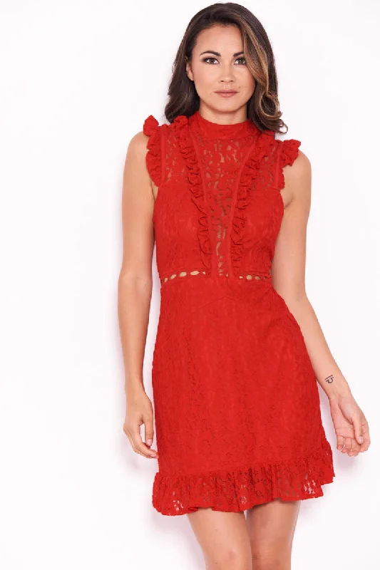 Red Lace Mini Frill Dress