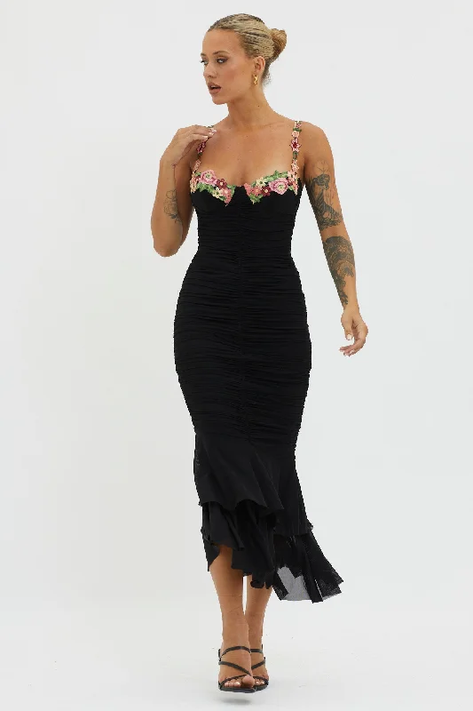 Ruffled Women Dress with Multiple Layers for a Playful and Girly StyleRose Garden Ruched Mesh Midi Dress Black Ruffled Women Dress with Multiple Layers for a Playful and Girly StyleRose Garden Ruched Mesh Midi Dress Black