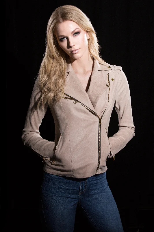 Women's cropped satin jackets in pastel shades for a glamorous evening outSand Nubuck Stretch Motorcycle Jacket Women's cropped satin jackets in pastel shades for a glamorous evening outSand Nubuck Stretch Motorcycle Jacket