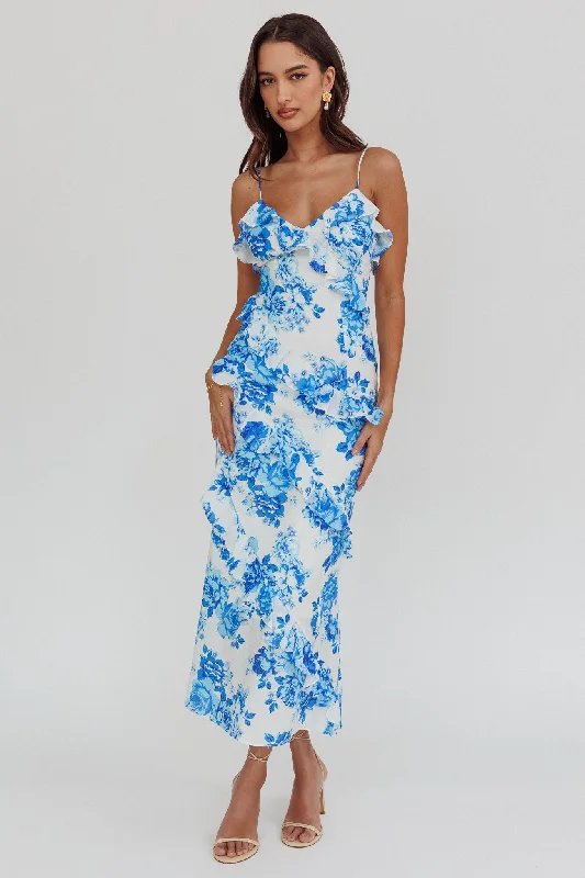 Empire Waist Women Dress to Accentuate the Bust and Conceal the WaistSilvana Frill Trim Maxi Dress Floral Blue