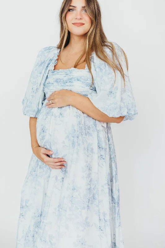 Shift Women Dress with a Simple and Classic Design for Everyday WearMelody Maxi Dress with Pleats and Bow Detail in Blue Floral - Bump Friendly & Inclusive Sizing (S-3XL) Shift Women Dress with a Simple and Classic Design for Everyday WearMelody Maxi Dress with Pleats and Bow Detail in Blue Floral - Bump Friendly & Inclusive Sizing (S-3XL)
