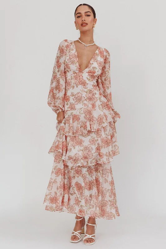 Empire Waist Women Dress to Accentuate the Bust and Conceal the WaistVeda Long Sleeve Floral Tiered Ruffle Maxi Dress Peach Empire Waist Women Dress to Accentuate the Bust and Conceal the WaistVeda Long Sleeve Floral Tiered Ruffle Maxi Dress Peach