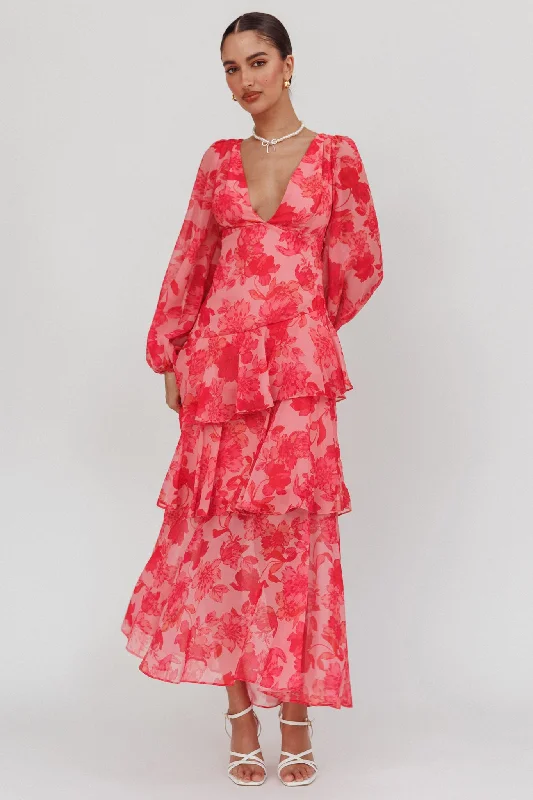 Off - the - Shoulder Women Dress for a Romantic and Feminine LookVeda Long Sleeve Floral Tiered Ruffle Maxi Dress Pink Off - the - Shoulder Women Dress for a Romantic and Feminine LookVeda Long Sleeve Floral Tiered Ruffle Maxi Dress Pink