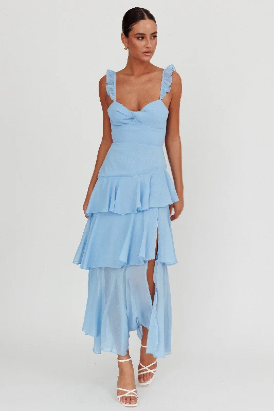 Mermaid - Style Women Dress with a Fitted Silhouette for Special OccasionsVeda Ruffle Strap Split Maxi Dress Blue Mermaid - Style Women Dress with a Fitted Silhouette for Special OccasionsVeda Ruffle Strap Split Maxi Dress Blue