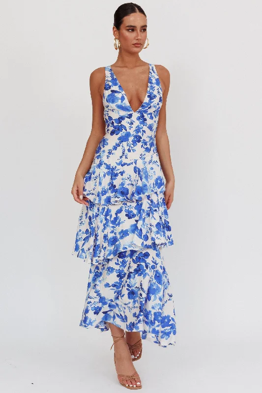 Wrap - Style Women Dress with Adjustable Fit for All Body TypesVeda Strappy Back Ruffle Maxi Dress Floral Blue Wrap - Style Women Dress with Adjustable Fit for All Body TypesVeda Strappy Back Ruffle Maxi Dress Floral Blue