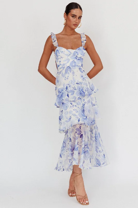 Little Black Women Dress with Sequins for a Glamorous Night OutVeda Strappy Back Ruffle Maxi Dress Flowers Blue Little Black Women Dress with Sequins for a Glamorous Night OutVeda Strappy Back Ruffle Maxi Dress Flowers Blue