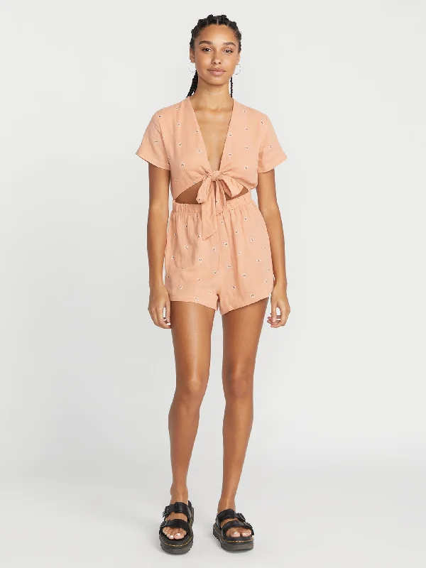 Women's faux fur - trimmed denim jackets for a trendy and cozy styleWith The Band Romper - Clay Women's faux fur - trimmed denim jackets for a trendy and cozy styleWith The Band Romper - Clay
