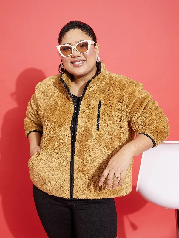 Women's faux fur - trimmed denim jackets for a trendy and cozy styleWomen Brown Fur Contrast Piping Zipper Jacket Women's faux fur - trimmed denim jackets for a trendy and cozy styleWomen Brown Fur Contrast Piping Zipper Jacket