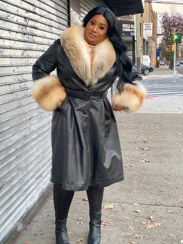 Women's Black Leather Trench With Full Fox Fur [Gold Fox]