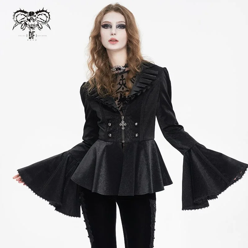 Women's long - length wool blend jackets for a warm and stylish winter lookWomen's Gothic Ruffled Collar Flared Sleeved Jacket Women's long - length wool blend jackets for a warm and stylish winter lookWomen's Gothic Ruffled Collar Flared Sleeved Jacket