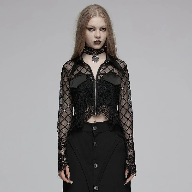 Women's cropped leather jackets with silver zippers for a punk - inspired outfitWomen's Gothic Turn-down Collar Irregular Lace Jacket Women's cropped leather jackets with silver zippers for a punk - inspired outfitWomen's Gothic Turn-down Collar Irregular Lace Jacket