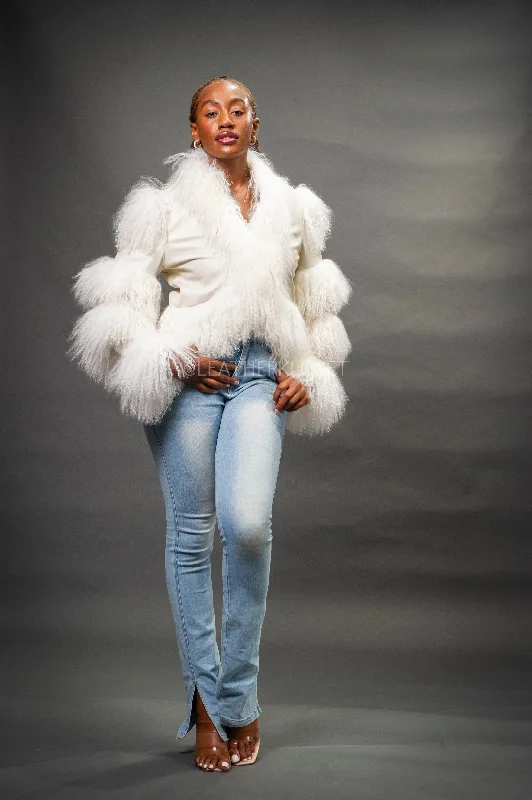 Women's Leather And Mongolian Fur Combo [Cream]