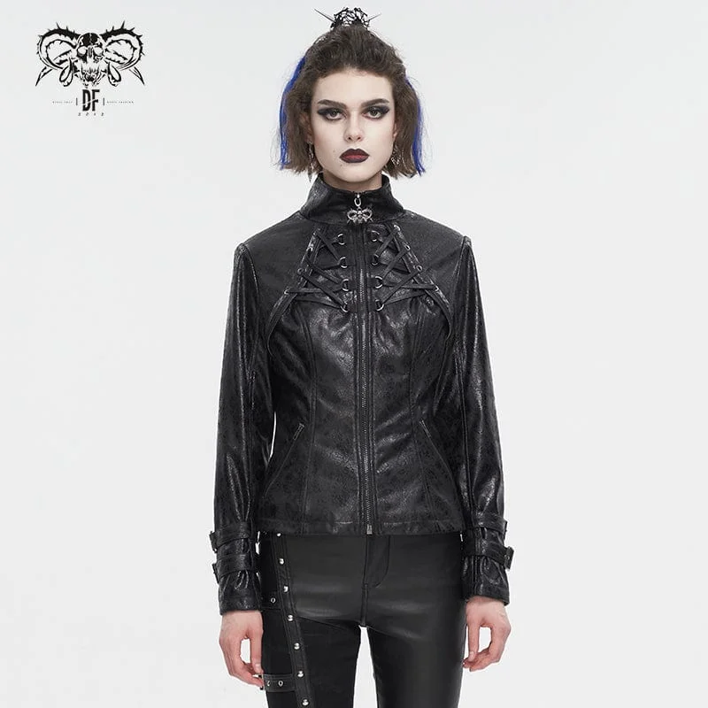 Women's trench coats with a removable belt for customizable stylingWomen's Punk Stand Collar Crackled Buckle Jacket Women's trench coats with a removable belt for customizable stylingWomen's Punk Stand Collar Crackled Buckle Jacket