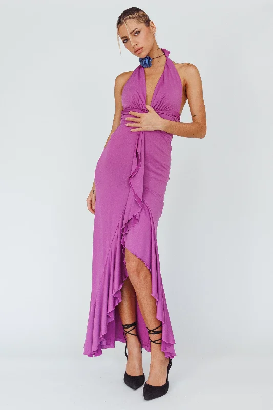 Long - Sleeve Women Dress in Velvet for a Luxurious Winter LookZaphirah Halterneck Ruffle Dress Magenta Long - Sleeve Women Dress in Velvet for a Luxurious Winter LookZaphirah Halterneck Ruffle Dress Magenta
