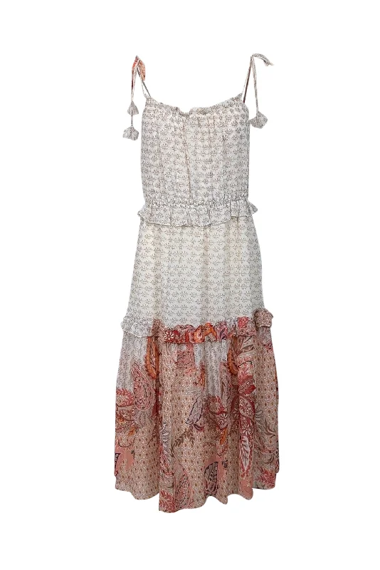 Wrap - Style Women Dress with Adjustable Fit for All Body Types Wrap - Style Women Dress with Adjustable Fit for All Body Types MISA Los Angeles - Pink, Ivory, & Peach Paisley Print Ruffled Midi Dress Sz S