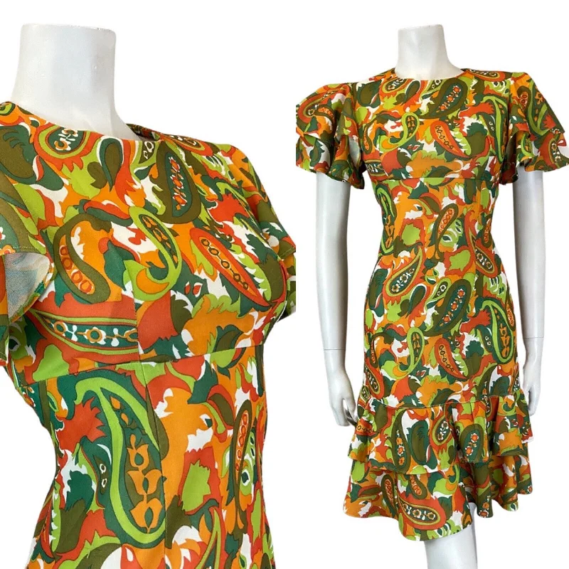 Sleeveless Women Dress in Bright Colors for Summer Parties Sleeveless Women Dress in Bright Colors for Summer Parties VINTAGE 60s 70s GREEN ORANGE PSYCHEDELIC PAISLEY FLORAL RUFFLED DRESS 8 10