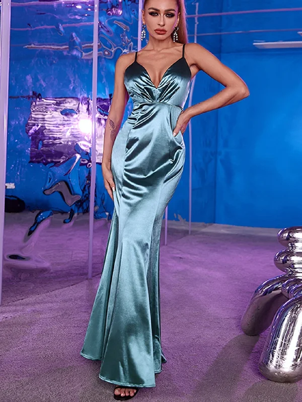 KittenAlarm - Plunging Neck Backless Mermaid Hem Satin Prom Dress