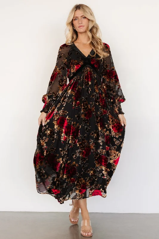 Adele Velvet Dress | Black + Rose Floral