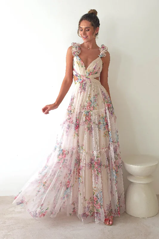 Alma Floral Print Tulle Maxi Dress | Cream