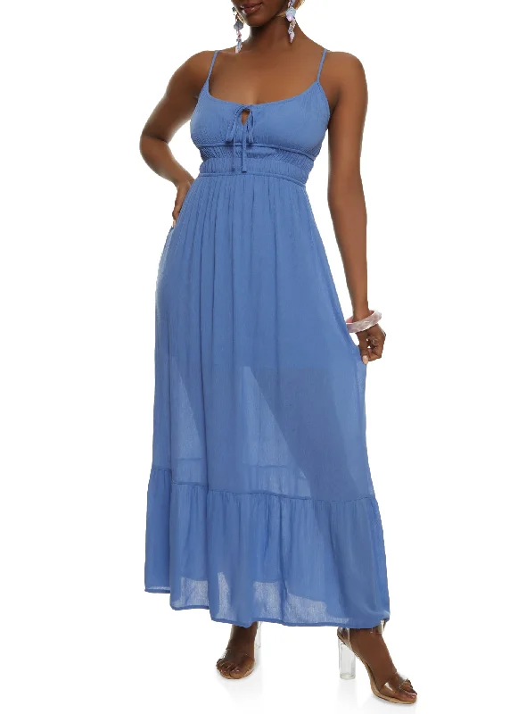 Gauze Knit Tie Front Tiered Maxi Dress