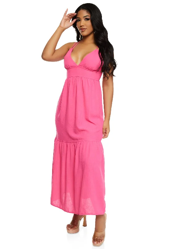 Haute Monde Linen Plunge Tiered Maxi Dress