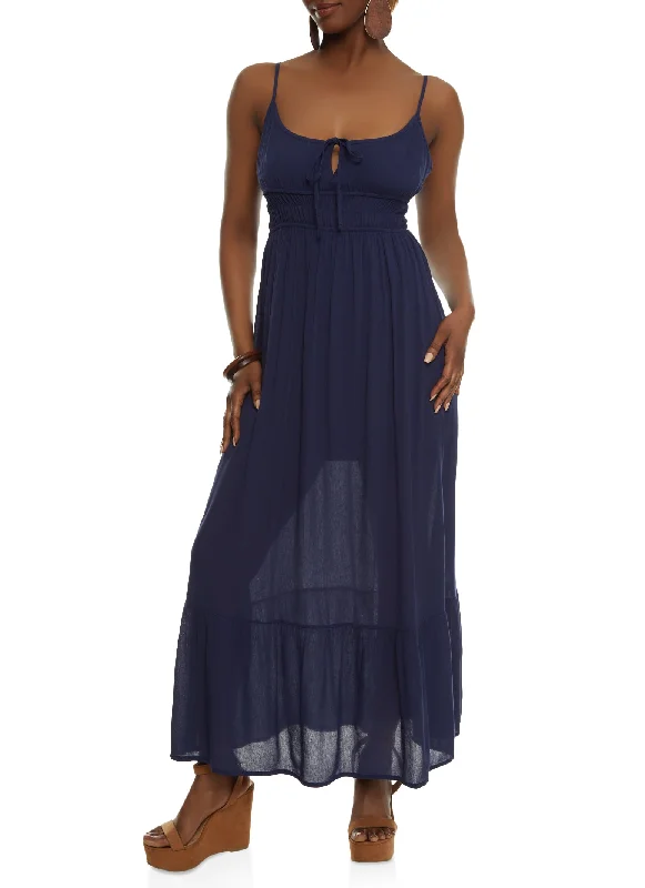 Gauze Knit Tie Front Tiered Maxi Dress