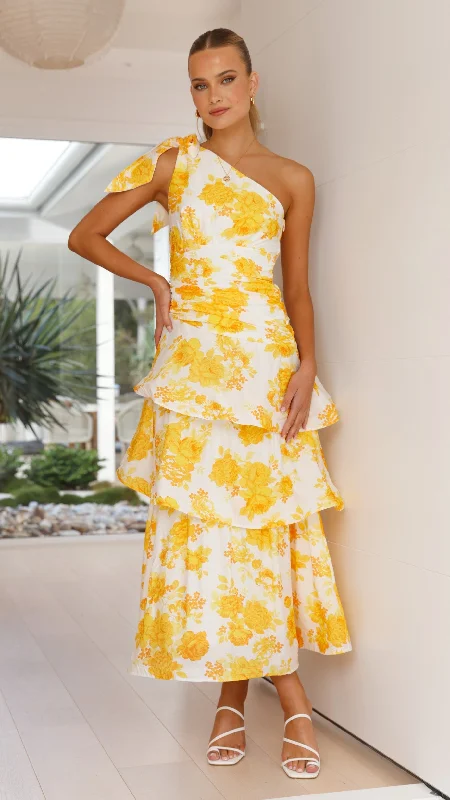 Odilie One Shoulder Maxi Dress - Yellow Floral