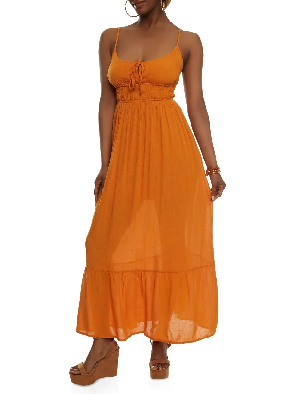 Gauze Knit Tie Front Tiered Maxi Dress