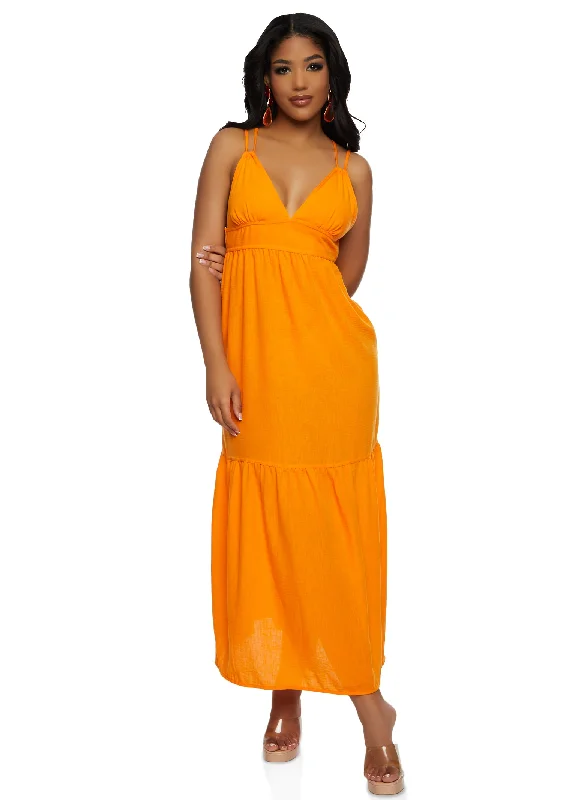 Haute Monde Linen Plunge Tiered Maxi Dress