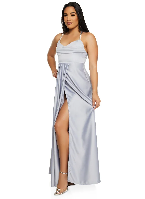 Haute Monde Rhinestone Strap Satin Maxi Dress