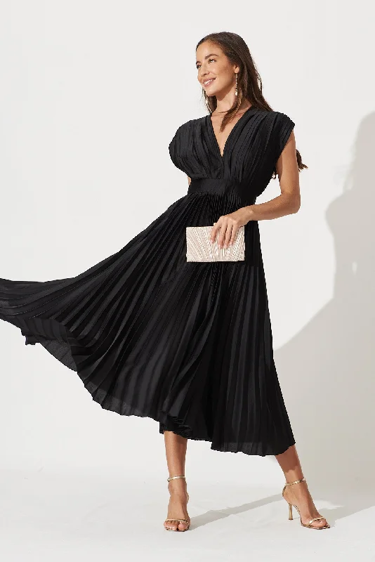 Anetta Midi Dress In Pleated Black Satin