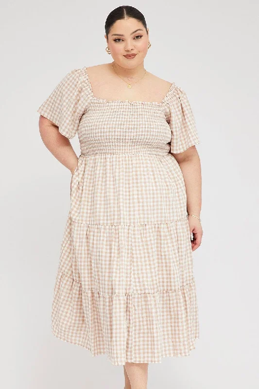 Midi dresses with bow accents for a sweet and charming lookBeige Check Midi Dress Short Sleeve Shirred Midi dresses with bow accents for a sweet and charming lookBeige Check Midi Dress Short Sleeve Shirred