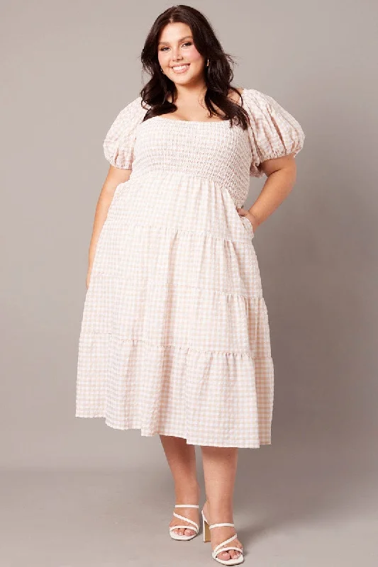 Midi dresses with ruffled hems for a romantic date nightBeige Check Midi Dress Short Sleeve Shirred Midi dresses with ruffled hems for a romantic date nightBeige Check Midi Dress Short Sleeve Shirred