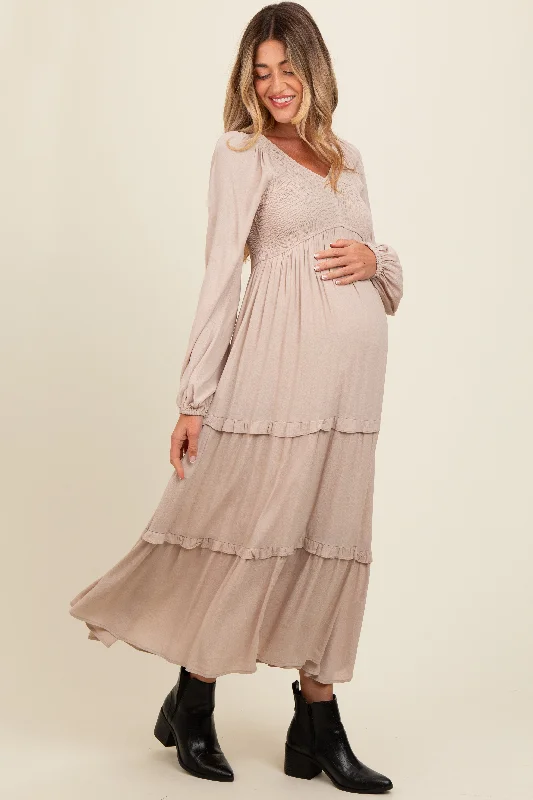 Midi dresses with fringe details for a fun and energetic styleBeige Smocked V-Neck Ruffle Tiered Maternity Maxi Dress Midi dresses with fringe details for a fun and energetic styleBeige Smocked V-Neck Ruffle Tiered Maternity Maxi Dress