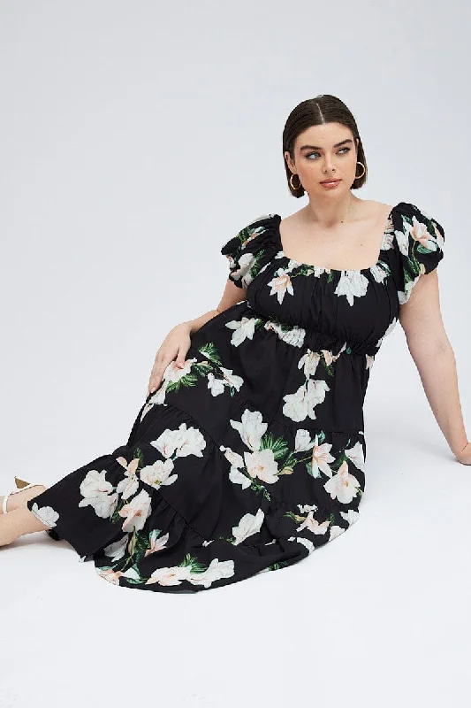 Midi dresses with asymmetric hems for a fashion - forward and dynamic appearanceBlack Floral Midi Dress Short Sleeve Tiered Ruched Midi dresses with asymmetric hems for a fashion - forward and dynamic appearanceBlack Floral Midi Dress Short Sleeve Tiered Ruched
