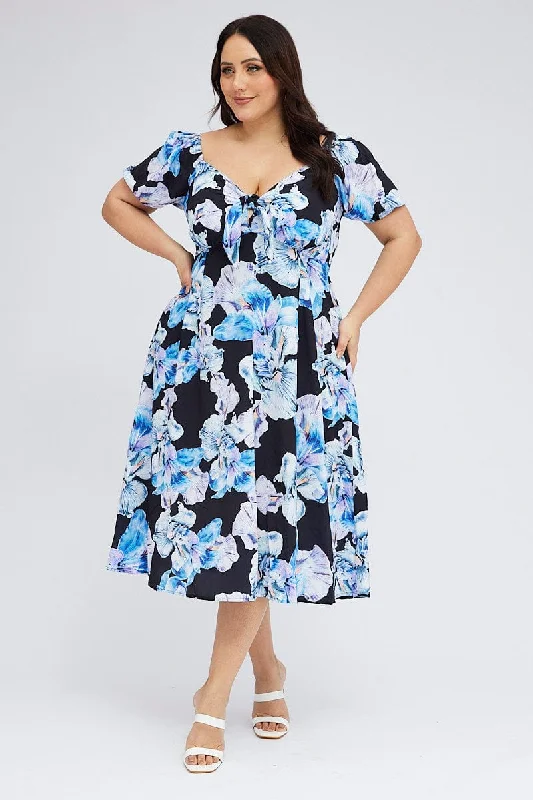 Midi dresses with abstract art prints for an artistic statementBlack Floral Midi Dress Tie Front Puff Sleeve