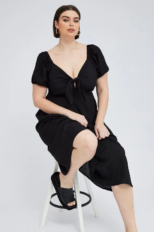 Plaid midi dresses for a fall - themed family gatheringBlack Midi Dress Tie Front Puff Sleeve Plaid midi dresses for a fall - themed family gatheringBlack Midi Dress Tie Front Puff Sleeve