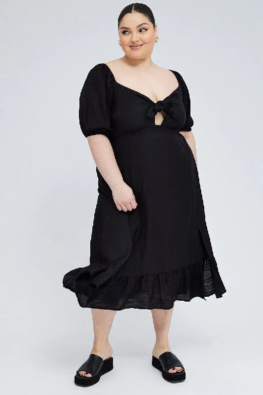 Midi dresses with lace - up fronts for a unique and adjustable styleBlack Tie Front Midi Dress Short Puff Sleeve Split Front Midi dresses with lace - up fronts for a unique and adjustable styleBlack Tie Front Midi Dress Short Puff Sleeve Split Front
