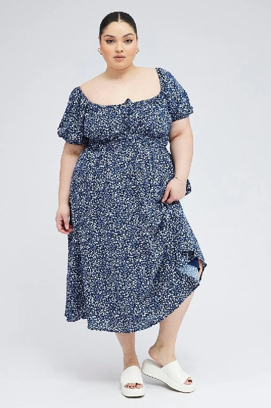 A - line midi dresses with floral prints for spring brunchesBlue Ditsy Midi Dress Short Sleeve Tiered A - line midi dresses with floral prints for spring brunchesBlue Ditsy Midi Dress Short Sleeve Tiered