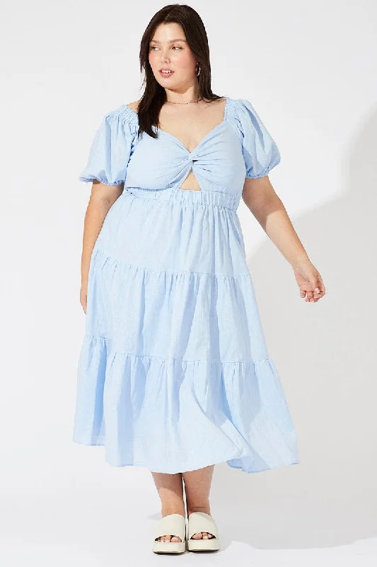 Midi dresses with fringe details for a fun and energetic styleBlue Midi Dress Short Sleeve Tiered Cotton