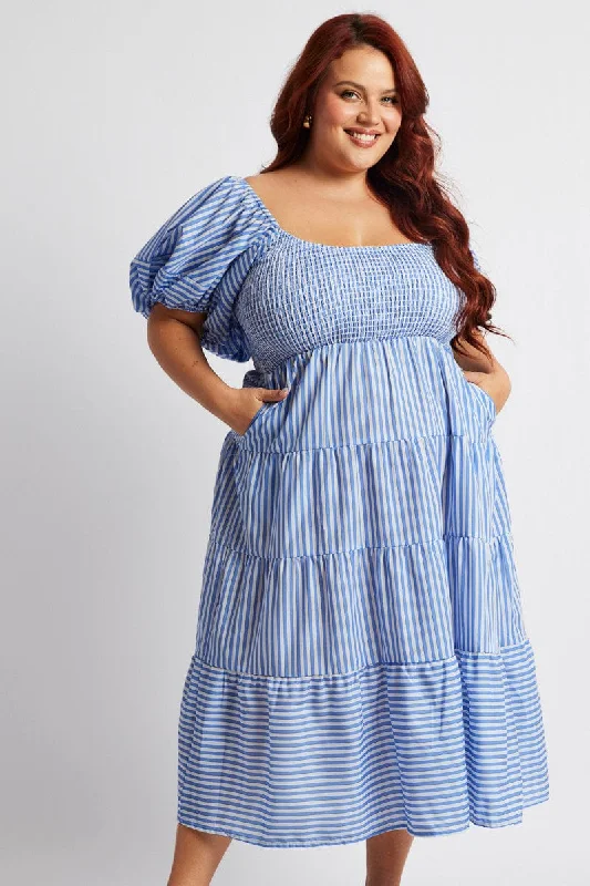 Midi dresses with belted waists to accentuate the figureBlue Stripe Midi Dress Short Sleeve Shirred Midi dresses with belted waists to accentuate the figureBlue Stripe Midi Dress Short Sleeve Shirred