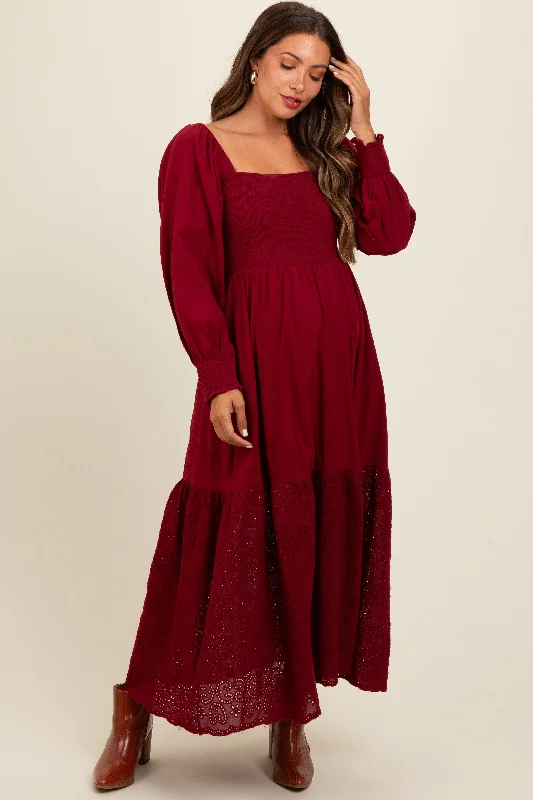 Midi dresses with ruffled hems for a romantic date nightBurgundy Smocked Eyelet Lace Hem Maternity Maxi Dress Midi dresses with ruffled hems for a romantic date nightBurgundy Smocked Eyelet Lace Hem Maternity Maxi Dress