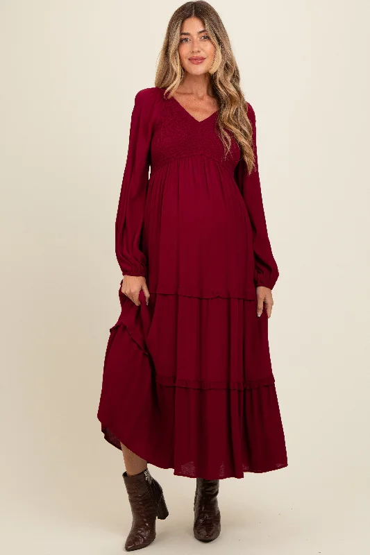 Midi dresses with button - front designs for a classic touchBurgundy Smocked Tiered Maternity Midi Dress Midi dresses with button - front designs for a classic touchBurgundy Smocked Tiered Maternity Midi Dress