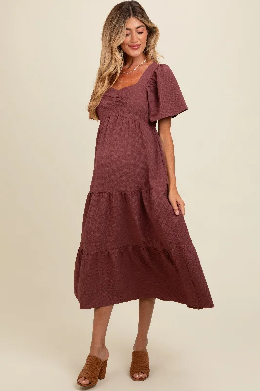 Burgundy Sweetheart Neck Short Puff Sleeve Tiered Maternity Midi Dress