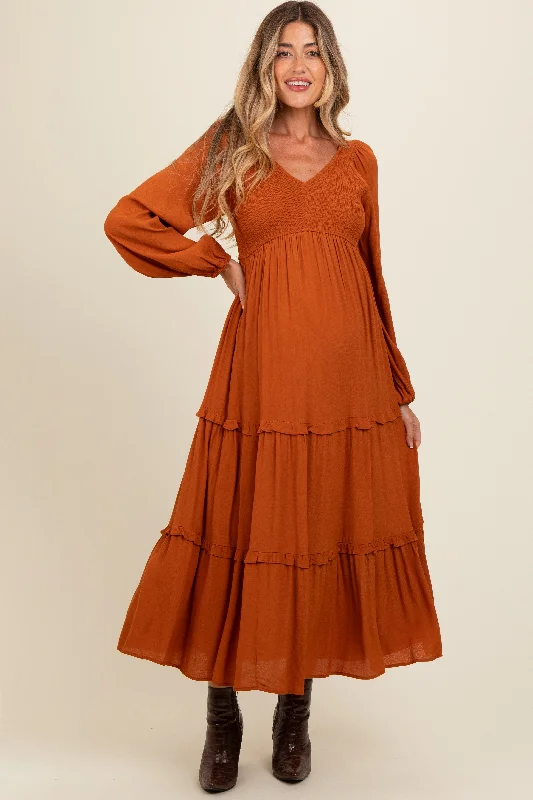 Midi dresses with animal prints for a bold and confident appearanceCamel Smocked Tiered Maternity Midi Dress Midi dresses with animal prints for a bold and confident appearanceCamel Smocked Tiered Maternity Midi Dress